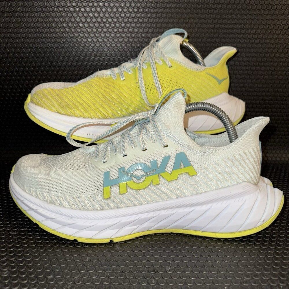 Hoka One One Carbon X 3 White Neon Yellow Athletic Running Shoes Women Size 9.5B
